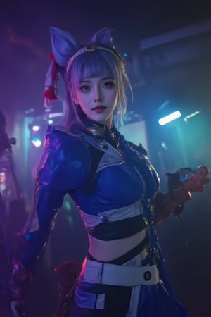 a woman dressed in a blue and white costume, adorned with a white belt and red gloves. The woman's head is adorned with two large ears, a red tassel, and a gold ring. Her eyes are a piercing blue, and her hair is a light gray.  a building in the distance.

A cinematic action scene shot surrounded by a dimly lit atmosphere with neon hues. Black, dark blue, and gray tones dominate the scene, punctuated by pops of light green, purple, and orange. Her skin glistens with subtle detail and enhancement. The Sony A7R IV camera captures the scene in cinematic style, emphasizing depth and bokeh effects from the pink, blue, and green neon lights.,Futuristic cosplay 