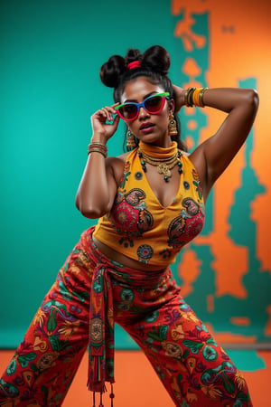 A stylish Mallu girl with a curvy, sexy figure poses confidently in a modern, non-traditional outfit adorned with traditional ornaments. She wears oversized, colorful sunglasses and a bold, patterned turtleneck that stands out against a teal and orange background, graded with cinematic color tones. The scene captures a complex, action-oriented pose reminiscent of cyberpunk themes from Blade Runner and The Matrix, set in a highly stylized, photorealistic CGI environment. The abstract, textured background adds a pop art flair with bold, vibrant colors, enhancing the modern, high-quality 32K masterpiece. Studio lighting accentuates every detail, bringing a mix of traditional elements and futuristic vibes together in this dynamic composition,xamala,Amala Paul