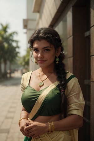 1girl, solo, long hair, smile, black hair, hair ornament, dress, jewelry, standing, braid, earrings, outdoors, day, dark skin, necklace, blurry, bracelet, dark-skinned female, cosplay, single braid, blurry background, realistic, green  blouse, white saree, photo background,Reshmi nair 