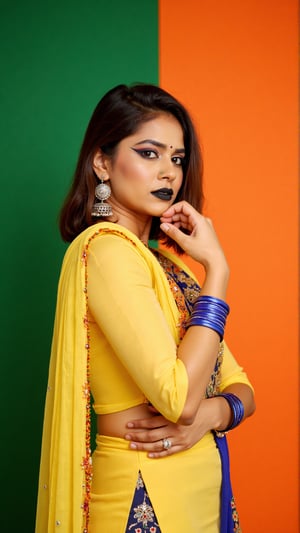 a woman dressed in a traditional Indian outfit stands in front of a vibrant orange backdrop. The woman's outfit is adorned with a yellow blouse, adorned with blue, red, and orange accents. She is wearing a pair of silver earrings, and a ring on her finger. Her hair is styled in a sleek bob, and her eyes are focused on the camera. She has a serious expression on her face, and she is wearing black lipstick. Her left hand is draped over her right shoulder, adding a touch of contrast to her outfit. The backdrop is a combination of green and orange, creating a striking contrast to the woman's body.,Payal