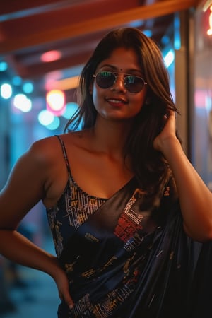 A woman posing confidently, radiant in a metallic dress with digital patterns and neon accents, against a blurred backdrop of vintage circuitry and neon lights. Soft, warm lighting highlights her features, oversized glasses with futuristic lenses reflecting a digital glow. Her stylish gaze is set off by the retro-futuristic atmosphere, as if stepping out of a 1980s time capsule.,NeemoFairy,Liminal Space,Ambience Steampunk,Mallu beauty 