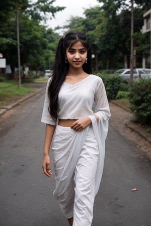 1girl, solo, long hair, black hair, twintails, jewelry, earrings, lips, realistic, beautiful mallu girl, 18 years old girl, outside, beautiful girl walking on the street , twintail hairstyle 
