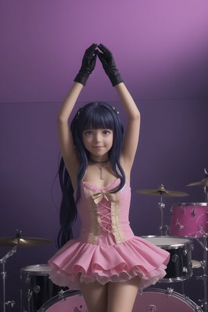 Realistic, human, Captured from a high-angle perspective, a girl with long dark blue hair, wearing a pink and yellow dress, adorned with a black belt. The arms are raised in the air, adding a touch of balance to the scene. The background is a vibrant purple hue, with white dots dotting the ceiling. To the right of the girl,a drum set is visible. 1girl, solo, long hair, looking at viewer, smile, bangs, hair ornament, thighhighs, gloves, dress, blue hair, purple eyes, heart, frills, tongue, hairclip, tongue out, pink dress, idol, pink thighhighs, pink gloves, maizono sayaka