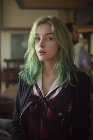 photorealistic,portrait of hubggirl, (ultra realistic,best quality),photorealistic,Extremely Realistic, in depth, cinematic light, 1girl, sexy pose, (light green hair,multicolored hair), full body shot, school uniform, perfect lighting, vibrant colors, intricate details, high detailed skin, pale skin, intricate background, realism,realistic,raw,analog,portrait,photorealistic, taken by Canon EOS,SIGMA Art Lens 35mm F1.4,ISO 200 Shutter Speed 2000,Vivid picture,Ts Sara Salazar 