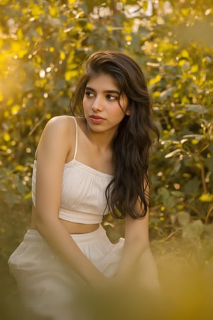 A stunning portrait of Kalyani Priyadarshan, framed by a warm golden light. She sits serenely in a lush greenery-filled setting, her long hair cascading down her back like a gentle waterfall. Her eyes sparkle with quiet confidence as she gazes softly into the distance.,Sahana15 