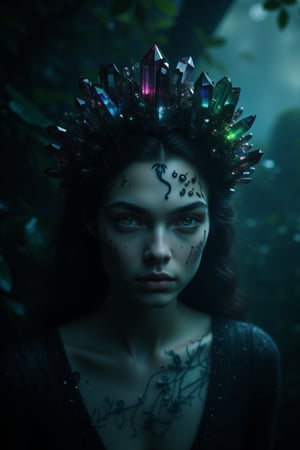 A dark and ethereal portrait of an elf in which her pale skin contrasts with the gloom that surrounds her. Her almond-shaped eyes, a deep and mysterious green, shine with an aura of ancient magic and hidden power. Her face is framed by strands of dark, almost black hair that fall in soft waves, highlighting its delicate but imposing beauty. He wears a crown of dark, sharp crystals that seem to grow directly from his skull, radiating a cold, spectral glow. The crystals glow with a dark light, reflecting flashes of deep blue, purple, and black, as if imbued with forbidden magic. Shadows cling to his figure, enhancing the atmosphere of mystery, while ancient marks and runes appear subtly on his skin, emitting a hidden energy. The background is composed of hazy shadows and diffuse shapes, as if the world is fading around them, focusing only on their imposing and disturbing presence. The atmosphere is haunting and mystical, with a sense of latent danger emanating from its powerful presence,crystalz