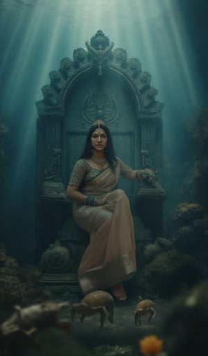 Deep beneath the sea lies a Kerala city submerged for centuries. At the center of this underwater kingdom, a girl with striking, expressive eyes sits on a grand throne carved from coral, her face illuminated by soft beams of light from above. Her facial features are delicate yet regal: high cheekbones, a small, sharp nose, and full lips painted with a hint of coral red. Her traditional Kerala saree, shimmering with silver and gold accents, drifts gently in the water, as her long, flowing hair cascades down her shoulders like dark waves. She wears a crown made of seashells and pearls, and her jewelry glimmers in the dim light. Surrounding her are the remnants of Kerala architecture, overtaken by marine plants, while schools of fish and sea turtles glide past, adding life to the ancient ruins.
A sprawling Kerala city lost to the ocean, its once-bustling streets and grand palaces now silent and submerged. The city’s architecture, with its iconic tiled roofs and wooden structures, is still recognizable, though covered in coral, barnacles, and sea plants. Large stone temples, adorned with elaborate sculptures of deities, stand partially collapsed,

cinematic angle, (cinematic shadows, bokeh, depth of field:1.3) , (High detail RAW Photo), (extremely detailed skin, photorealistic, heavy shadow, dramatic and cinematic lighting, key light, fill light), sharp focus, cinematic, imperfect skin, fabrics, textures, detailed face, detailed skin, detailed fingers, NaturalHand2-3500, analog film photo Deep photo,depth of field,ferrania p30 film,shadows, perfect face and body, dimly lit,  The background is a masterpiece of art deco design, with intricate details and complex patterns that seem to leap off the screen in hyper-maximalist fashion. The subject's full-body is dressed in elaborate attire, with detailed decoration and lines that exude opulence. In stunning HDR and UHD, this unreal engine creation pops with gorgeous light and shadow.,
