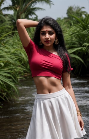 1girl, solo, long hair, skirt, shirt, black hair, jewelry, standing, full body, earrings, midriff, water, blurry, arms up, bracelet, tree, crop top, blurry background, white skirt, red shirt, long skirt, rock, photo background, Indian traditional dress 