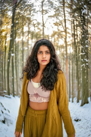 A portrait of a girl, wavy hair, midriff exposed  black hair, Green eyes, standing in a forest in winter, warm clothes, looking at viewer, snow flakes, realistic, photo, golden hour, cinematic lighting, celluloid film skintone color style, earthy colors, blue colors