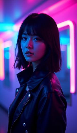 A cyberpunk women, realistic, details and enhanced image, beautiful,The atmosphere is fun and inviting, featuring colors like black, blue, dark blue, dark purple, gray, light green, purple, and orange. Neon lights in pink, blue, and green illuminate the space, creating a bokeh and Depth of Fieldeffect. The focus is on the girl from the torso to the head, captured in a cinematic style with a Sony A7R IV full-frame camera