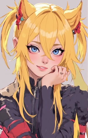 1girl, solo, long hair, looking at viewer, smile, blue eyes, blonde hair, hair between eyes, twintails, fur trim, facial mark, genderswap, genderswap \(mtf\), zipper, whisker markings, uzumaki naruto