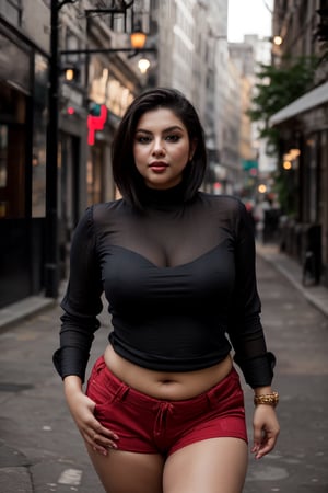 A stunning plumpy short hair woman posing confidently in a modern city setting, captured by a professional photographer. She wears a silky, red long blouse that showcases her curvy figure, paired with hot and short pants that accentuate her attractive features. Her big, perfect eyes are the focal point of the shot, framed by her symmetrycal face. The yellow hue of the city's architecture provides a vibrant contrast to her stunning looks. As she poses, plump curves are highlighted, drawing attention to her sultry, sexy presence., plump, curvy women 