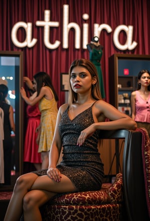 create me something beautiful, sexy, A beautiful woman, dressed in high fashion, sits on a throne in a luxurious boutique shop, surrounded by perfect cinematic lighting. Behind her, the shop's name "athira" is displayed in oversized glowing letters, commanding attention. Girls in the background casually explore the dresses on display. The scene highlights both the elegance of the boutique and the glowing, bold shop name.,Enhanced all,madona Sebastian 