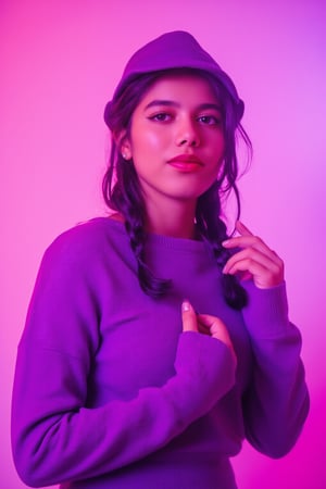 A photorealistic full-body portrait of a stunning 21yo hubggirl with perfect hands. She wears a vibrant purple sweater and double braids adorned with tiny earrings. Her shoulder-length purple hair is styled in intricate braids that cascade down her back. Her eyes are a deep, rich purple, framed by thick eyelashes and subtle makeup. A bold red lip color adds a pop of brightness to the overall gradient background, which transitions seamlessly from pink to purple. The subject's gaze is direct, with a hint of sassiness as she wears a trendy hat and sports a confident smile. Shut up, indeed!,Teenager 