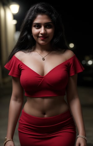 1girl, solo, long hair, looking at viewer, smile, black hair, dress, jewelry, standing, necklace, blurry, Red dress, bracelet, realistic, 28 years old, dark skin , dim light, drak atmosphere, low light , Midriff , plumb, curvy_figure 