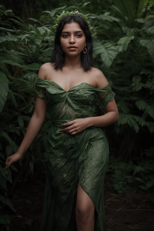 A serene young woman, adorned from head to toe in lush green plantain leaves, stands amidst a lush tropical forest. The verdant foliage wraps around her slender figure, creating a flowing gown that rustles softly in the gentle breeze. Her private areas are delicately covered by a carefully arranged leafy drape, leaving little to the imagination. Delicate vines and tendrils weave together to form an intricate headdress, with a sprig of plantain leaves tucked behind her ear. The natural beauty of the surroundings is mirrored on her radiant face, as she gazes out at the vibrant greenery, her features a perfect harmony of earthy tones.