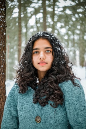 A portrait of a girl, wavy hair, black hair, Green eyes, standing in a forest in winter, warm clothes, looking at viewer, snow flakes,, freckles, pale skin, realistic, photo, golden hour, cinematic lighting, celluloid film skintone color style, earthy colors, blue colors