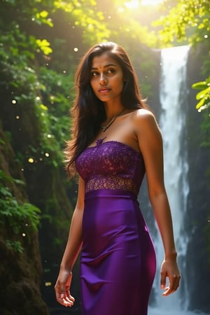 A cinematic shot of a beautiful woman standing near the Athirappilly waterfalls, wearing a modern, elegant bodycon dress. Purple glossy finish fishnet bodycon dress silk material, The scene captures perfect detail in her face, especially her expressive eyes and full lips, with precise, realistic shading on her skin. Sunlight filters through the trees, casting rays around her, while leaves drift gently from above. Emphasize the curves and shape of her body, with a focus on realistic lighting and high detail in her costume texture. Photorealistic, dynamic composition, dramatic sunlight.,long_black_hair  medium_brown_skin  almond_eyes,Bangali girl,XChrisx