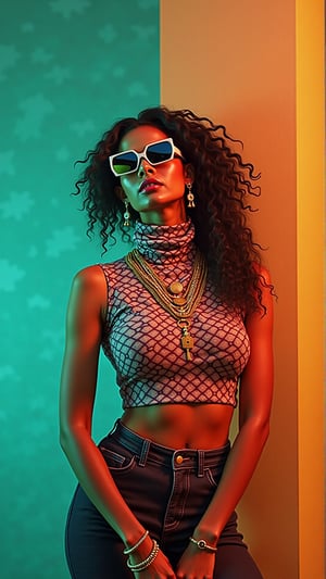 A stylish Mallu girl with a curvy, sexy figure poses confidently in a modern, non-traditional outfit adorned with traditional ornaments. She wears oversized, colorful sunglasses and a bold, patterned turtleneck that stands out against a teal and orange background, graded with cinematic color tones. The scene captures a complex, action-oriented pose reminiscent of cyberpunk themes from Blade Runner and The Matrix, set in a highly stylized, photorealistic CGI environment. The abstract, textured background adds a pop art flair with bold, vibrant colors, enhancing the modern, high-quality 32K masterpiece. Studio lighting accentuates every detail, bringing a mix of traditional elements and futuristic vibes together in this dynamic composition, 

bad quality, worst quality, text, signature, watermark, extra limbs, low resolution, partially rendered objects, deformed or partially rendered eyes, deformed, deformed eyeballs, cross-eyed, blurry,Payal