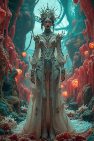 A surreal, regal majesty stands in a fantastical, otherworldly setting. The scene is framed in a wide shot, capturing the vibrant, strange environment with its organic, alien-like formations. The lighting is otherworldly, casting an eerie glow. The majesty's attire is ornate and ethereal, with intricate details that shimmer in the unusual light. Their posture is poised and commanding, exuding a sense of nobility and power. The composition highlights the contrast between the majesty's elegance and the bizarre surroundings, creating a captivating and mysterious atmosphere.