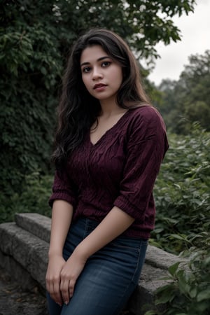 The image is a portrait of a woman positioned outdoors. The subject's attire and pose suggest a casual, possibly autumnal setting. The background, consisting of green foliage, provides a natural backdrop that contrasts with her warm-toned clothing. There is no explicit context provided within the image itself.