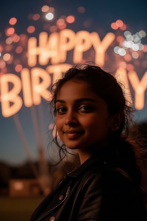 A beautiful 23-year-old birthday girl, standing outdoors under the night sky, looking directly at the camera, fireworks exploding in the sky, spelling out "Happy Birthday" in bright letters, shot on an ARRI Alexa XT cinematic camera, ultra-high-definition, soft lighting highlighting her face and features, joyful expression, cinematic atmosphere, vibrant colors from the fireworks reflecting on her, detailed textures and perfect lighting for a dramatic and celebratory scene.,Size 32 25 34,23 yo women,Mallu.