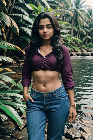 1girl, Kerala beautiful women 18 years old, solo, long hair, brown hair, shirt, t  shaped tiny navel, outdoors, pants, sandals, denim, jeans,  photo background,Tamil girl