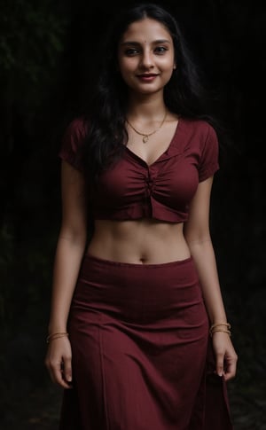 1girl, solo, long hair, looking at viewer, smile, black hair, dress, jewelry, standing, necklace, blurry, Red dress, bracelet, realistic, 25 years old, dark atmosphere , dark night, dim light, drak atmosphere, low light , Midriff 