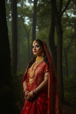 Traditional women bridel dress dimond cloth, rich, royal, traditional ornaments, traditional setup, The image is captured using a Fujifilm cinematic camera, with dramatic cinematic lighting enhancing the deep shadows and bright highlights. The scene is shot with a wide aperture, creating a shallow depth of field that blurs the forest background, making her the clear focal point. The camera angle is low, looking slightly upwards to give her an empowering, larger-than-life presence. The textures of the saree and her skin are rendered in high definition, with the soft, natural lighting adding a dreamlike quality to the image.