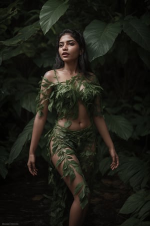 A majestic young woman emerges from the verdant foliage, adorned entirely in a stunning ensemble crafted from delicate Plantain leaves. Red yellow brown colour leafs, Her slender figure is enveloped by a flowing, ethereal gown constructed from thousands of intricately arranged leaves, their gentle curves and soft sheen creating a mesmerizing effect.

The leafy fabric drapes effortlessly around her lithe physique, the subtle rustling of each leaf underscoring the gentle movement of her body as she moves. Her private areas are discreetly concealed by a delicate leafy barrier, its edges carefully positioned to maintain modesty while still showcasing the natural beauty of the surrounding foliage.

The soft, golden light of the sun filters through the leafy canopy above, casting dappled shadows across her skin and illuminating the intricate patterns of the Plantain leaves. A sprinkling of dew-kissed droplets glistens on the leaves, imbuing the overall scene with a serene, idyllic quality.

As she stands within this natural setting, the young woman's presence seems almost an extension of the surrounding vegetation, as if she has been organically grown from the very earth itself. The Plantain leaf costume appears not only beautiful but also eerily lifelike, blurring the lines between her and the natural world around her.,Blossom lady 