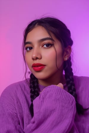 A photorealistic full-body portrait of a stunning 21yo hubggirl with perfect hands. She wears a vibrant purple sweater and double braids adorned with tiny earrings. Her shoulder-length purple hair is styled in intricate braids that cascade down her back. Her eyes are a deep, rich purple, framed by thick eyelashes and subtle makeup. A bold red lip color adds a pop of brightness to the overall gradient background, which transitions seamlessly from pink to purple. The subject's gaze is direct, with a hint of sassiness as she wears a trendy hat and sports a confident smile. Shut up, indeed!,Teenager 