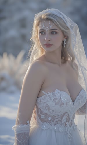 Against a snowy backdrop, princes poses regally, her porcelain skin glowing with an ethereal light. Shot from directly above, the Arri Alexa captures every detail of her frozen finery - delicate lace and gemstones glisten in the soft, cinematic lighting. Enhanced for maximum realism, this image is fit for a true ice prinses 