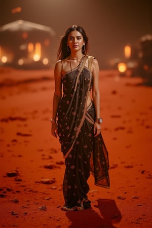 Mars Explorer in Traditional Attire
"A stunning Indian woman stands on the red, rocky surface of Mars, blending elements of her cultural heritage with futuristic technology. Mars rover near She wears a sleek saree, with glowing neon accents:1, customized to reflect traditional Indian motifs, such as intricate gold patterns and a sari-like drape over her shoulder. Her hair wave, mars effect, mars havy sand storm:1.4, revealing a radiant face with sharp, determined eyes. The harsh Martian environment contrasts with her beauty, while the backdrop features the dusty Martian landscape, distant planets, and a futuristic space colony on the horizon. The lighting is dramatic, with warm tones highlighting the red sands of Mars, creating a powerful, cinematic scene captured in ultra-realistic photography."

Details: face texture, perfect eyes, 5 finger on each hands, hair details, costume texture perfect, symmetry, Sharp background,