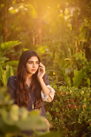 A stunning portrait of Kalyani Priyadarshan, framed by a warm golden light. She sits serenely in a lush greenery-filled setting, her long hair cascading down her back like a gentle waterfall. Her eyes sparkle with quiet confidence as she gazes softly into the distance.,Sahana15,Kalyani priyadarsh