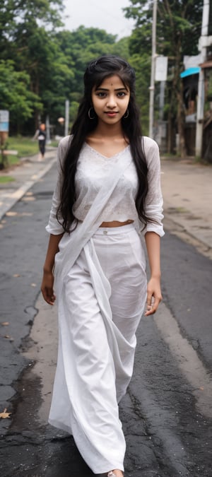 1girl, solo, long hair, black hair, twintails, jewelry, earrings, lips, realistic, beautiful mallu girl, 18 years old girl, outside, beautiful girl walking on the street , twintail hairstyle 
