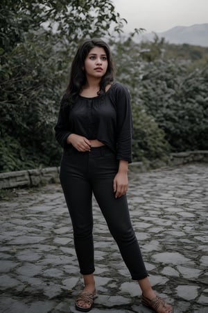 The image is a portrait of a woman positioned outdoors. The subject's attire and pose suggest a casual, possibly autumnal setting. The background, consisting of green foliage, provides a natural backdrop that contrasts with her warm-toned clothing. There is no explicit context provided within the image itself.