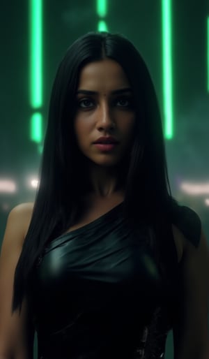 Prompt: A photorealistic portrait of an Indian woman in her late 20s with dark brown skin, long straight black hair, and sharp features. She is dressed in a sleek black saree with futuristic, tech-inspired accessories. Her eyes  giving her a mysterious, powerful look. The background is a dark, cyberpunk cityscape with green digital rain falling behind her, reminiscent of the Matrix. The lighting is low, with glowing neon lights reflecting off her leather outfit, enhancing the dramatic, action-movie atmosphere.,