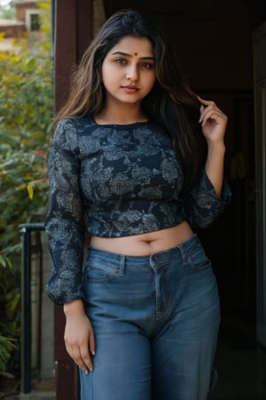 1girl, Kerala beautiful women 18 years old, solo, long hair, brown hair, shirt, t  shaped navel, outdoors, pants, sandals, denim, jeans,  photo background,Tamil girl