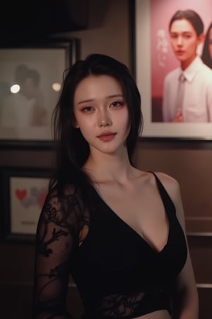  A young woman stands confidently against a movie poster backdrop, her gaze directed straight at the camera, exuding an air of confidence and allure, She wears a black top with a lace pattern, her features softly highlighted by even lighting, Off-center placement draws the viewer's eye towards her, while a subtle hint of a man in the background adds depth to the scene, The movie poster suggests a possible movie theater setting, 