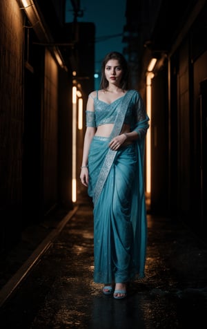 In a dark alleyway, neon tubes casting a futuristic glow on wet pavement, a stunning 28-year-old woman stands confidently, half of her body clad in a head-to-hip transparent saree that glistens under Tron-like lights. Electric blue and fiery orange hues dance across her features as she poses, the saree's intricate patterns reflecting off her toned skin like a digital canvas.