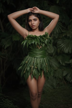 Create a costume with Plantain leaf only leaf no real dress, a beautiful young women in nature dress, real leaf, a girl covered her private parts with Plantain leaf 