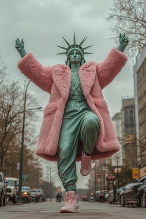 The Statue of Liberty wearing a pink fur coat and green pants, performing the Air Jordan jump pose, with pink Nike sneakers, against a New York City background, in the style of Steven Klein, with a symmetrical face and a half-body shot,Midjourney v6