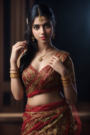 A beautiful Indian woman wearing a traditional saree, draped in a style that reveals her midriff and navel. The saree is richly colored and adorned with intricate patterns and embroidery, with a matching blouse (choli) that has short sleeves and a deep neckline. The pallu of the saree is gracefully draped over her shoulder, falling softly to one side, while her navel is tastefully visible where the saree is wrapped around her waist. She is adorned with traditional jewelry, including a maang tikka, jhumka earrings, a nose ring, bangles, and anklets. Her skin has a warm tone, and her long, dark hair is styled either in a loose braid or cascading waves. The setting is softly lit, focusing on her elegant pose and the cultural richness of her attire, with warm, natural lighting that enhances the details of the fabric and her jewelry.

cinematic angle, (cinematic shadows, bokeh, depth of field:1.3) , (High detail RAW Photo), (extremely detailed skin, photorealistic, heavy shadow, dramatic and cinematic lighting, key light, fill light), sharp focus, cinematic, imperfect skin, fabrics, textures, detailed face, detailed skin, detailed fingers, NaturalHand2-3500, analog film photo Deep photo,depth of field,ferrania p30 film,shadows, perfect face and body, dimly lit, nervous, harsh camera flash, faded film, desaturated, 35mm photo, grainy, Kodachrome, Lomography, stained, highly detailed, found footage,, (black hair,
A flapper girl stands poised in a smokey atmosphere, bathed in ethereal light that accentuates her stunning features. Her fair skin glows under cinematic lighting, as she gazes directly into the camera with perfect eyes and a beautiful nose. Her Drill Spring-inspired hairstyle is perfectly coiffed, framing her face, background intricate details and complex patterns that seem to leap off the screen in hyper-maximalist fashion.  with detailed decoration and lines that exude opulence. In stunning HDR and UHD, this unreal engine creation pops with gorgeous light and shadow., matrix,poakl