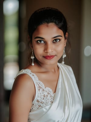 Raw photo of (28yo Kerala Beautiful young woman:1.1, (best quality, highres, ultra-detailed:1.2), This breathtaking photograph, shot on a Canon 1DX with a 50 mm f/2.8 lens, beautifully showcases the raw and authentic beauty of life. high resolution 8k image quality, vibrant colors, glowing dimond, glowing eyes, realistic Raw photo, realistic lighting, traditional white saree,  exotic beauty, mesmerizing eyes, girl ,Thrissur,Mallu,Saree,35mm photo,Indu30