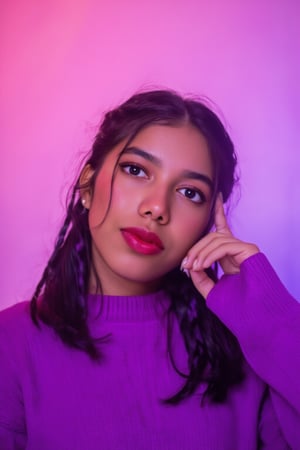 A photorealistic full-body portrait of a stunning 21yo hubggirl with perfect hands. She wears a vibrant purple sweater and double braids adorned with tiny earrings. Her shoulder-length purple hair is styled in intricate braids that cascade down her back. Her eyes are a deep, rich purple, framed by thick eyelashes and subtle makeup. A bold red lip color adds a pop of brightness to the overall gradient background, which transitions seamlessly from pink to purple. The subject's gaze is direct, with a hint of sassiness as she wears a trendy hat and sports a confident smile. Shut up, indeed!,Teenager 