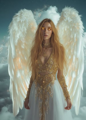 full body shot, young angel woman with yellow detailed eyes and long hair in gold jewelry, big white wings, light painting, futuristic digital, realistic sci-fi, lights, gold detailed dress, gold lashes, diamond, ethereal, misty, holographic, sky with white clouds on background,glitter,Midjourney_Whisper