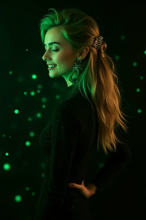 A very bad yet beautiful and charming woman with closed eyes, standing in a black background. She has golden silky hair, luxurious jewelry hairpins, and super gorgeous clothes with a fashionable hairstyle. One hand is on her waist, and she exudes an elegant and friendly smile, looking down at the camera with an unmistakable smile. The light scene features a partially blurred background, highlighting her stunning appearance. Green particles of wavelengths surround her, glowing beautifully and floating in the air. The image is a stunning and attractive masterpiece with 128K resolution, showcasing detailed textures.