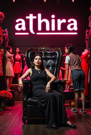 create me something beautiful, sexy, A beautiful woman, dressed in high fashion, sits on a throne in a luxurious boutique shop, surrounded by perfect cinematic lighting. Behind her, the shop's name "athira" is displayed in oversized glowing letters, commanding attention. Girls in the background casually explore the dresses on display. The scene highlights both the elegance of the boutique and the glowing, bold shop name.,Enhanced all,madona Sebastian 