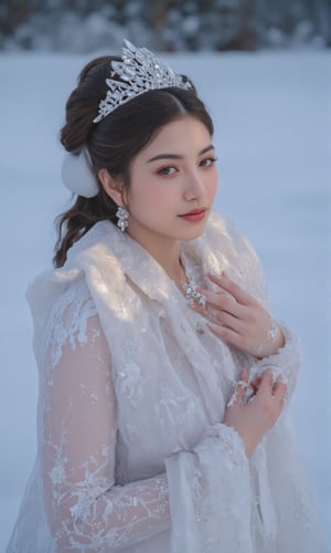 Against a snowy backdrop, princes poses regally, her porcelain skin glowing with an ethereal light. Shot from directly above, the Arri Alexa captures every detail of her frozen finery - delicate lace and gemstones glisten in the soft, cinematic lighting. Enhanced for maximum realism, this image is fit for a true ice prinses 