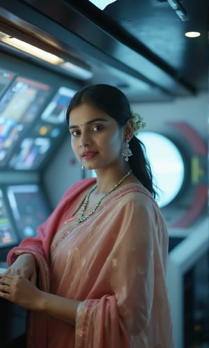 A stunning, realistic photography of a 25-year-old curvy women , white skin extreme white hair, radiating youthful beauty. She is dressed in traditional Indian attire, featuring a Kerala pattupavada—a beautiful, flowing Kerala gown—and a matching blouse. A delicately draped shawl (sholl) adds an elegant touch to her outfit, highlighting her cultural heritage.

The background contrasts with her traditional look, set inside a futuristic spacecraft with a Mars Effect game theme. The environment is filled with advanced technology, with holographic displays, sleek metallic surfaces, and soft neon lighting that creates an otherworldly ambiance. The lighting subtly illuminates her face, enhancing her natural beauty and creating a blend of old-world charm and futuristic aesthetics.

The overall composition focuses on her serene and graceful presence, emphasizing her traditional attire against the backdrop of a high-tech, space-age setting. This creates a captivating fusion of culture and science fiction, making the image both visually striking and unique.